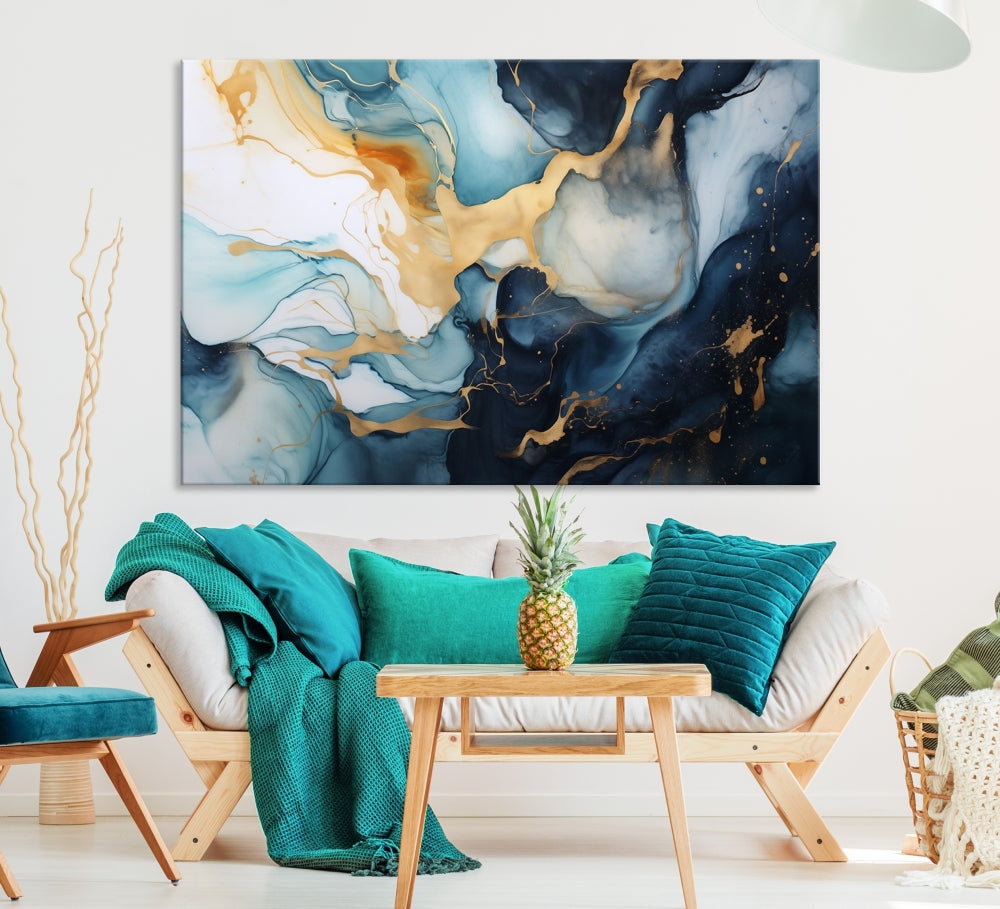 Blue Gold Modern Painting on Canvas Printed Art Framed Piece Wall Art Print