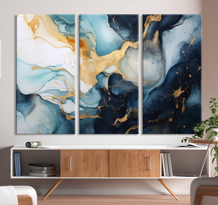 Blue Gold Modern Painting on Canvas Printed Art Framed Piece Wall Art Print