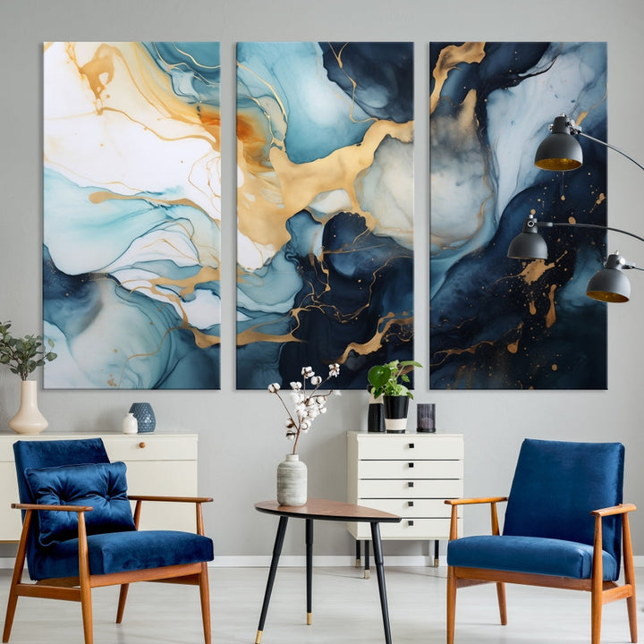 Blue Gold Modern Painting on Canvas Printed Art Framed Piece Wall Art Print