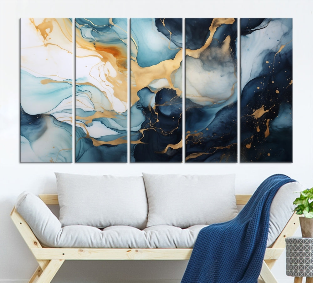 Blue Gold Modern Painting on Canvas Printed Art Framed Piece Wall Art Print