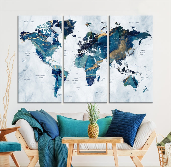 Blue Gold Watercolor World Map Push Pin on Giclee Canvas Wall Art Print