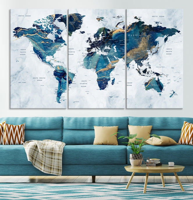 Blue Gold Watercolor World Map Push Pin on Giclee Canvas Wall Art Print