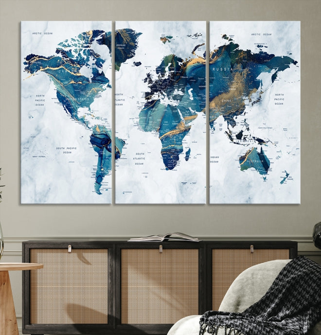 Blue Gold Watercolor World Map Push Pin on Giclee Canvas Wall Art Print