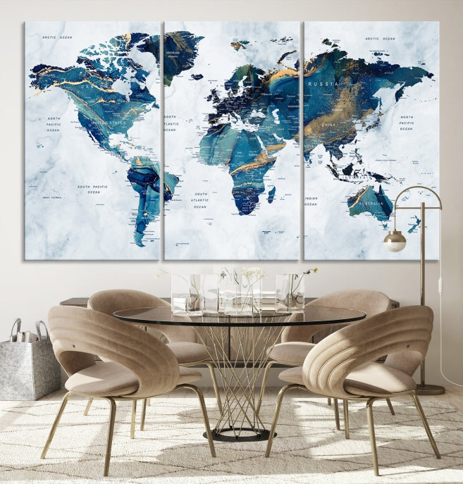 Blue Gold Watercolor World Map Push Pin on Giclee Canvas Wall Art Print