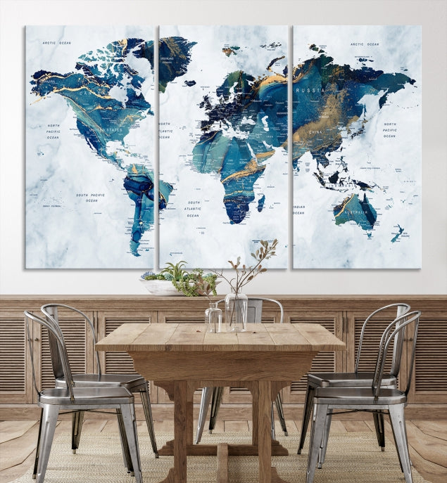 Blue Gold Watercolor World Map Push Pin on Giclee Canvas Wall Art Print