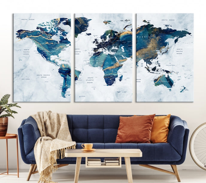 Blue Gold Watercolor World Map Push Pin on Giclee Canvas Wall Art Print