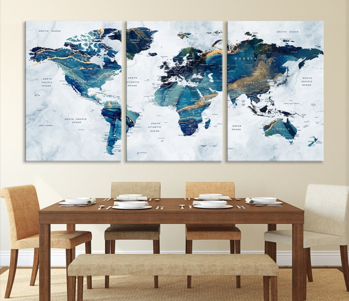 Blue Gold Watercolor World Map Push Pin on Giclee Canvas Wall Art Print