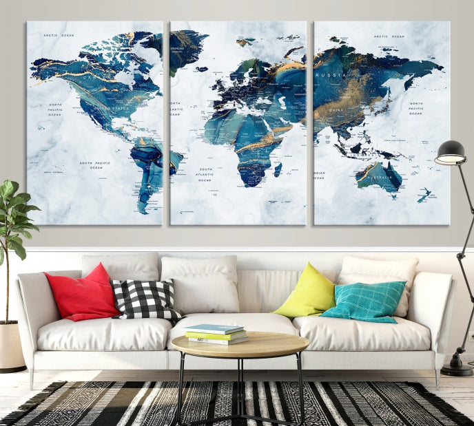 Blue Gold Watercolor World Map Push Pin on Giclee Canvas Wall Art Print