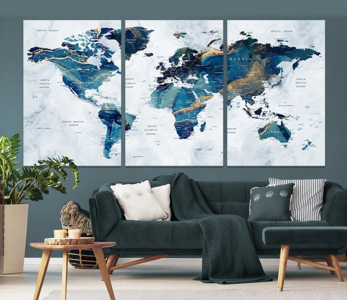 Blue Gold Watercolor World Map Push Pin on Giclee Canvas Wall Art Print