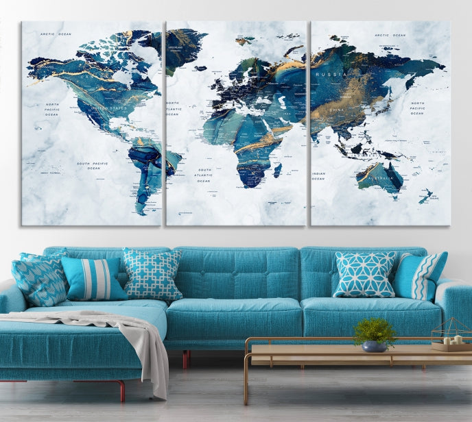 Blue Gold Watercolor World Map Push Pin on Giclee Canvas Wall Art Print