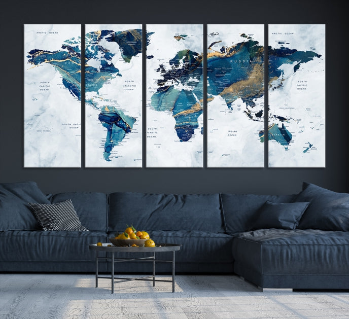 Blue Gold Watercolor World Map Push Pin on Giclee Canvas Wall Art Print