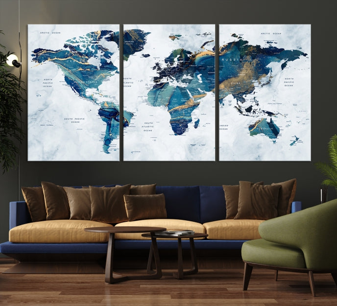 Blue Gold Watercolor World Map Push Pin on Giclee Canvas Wall Art Print