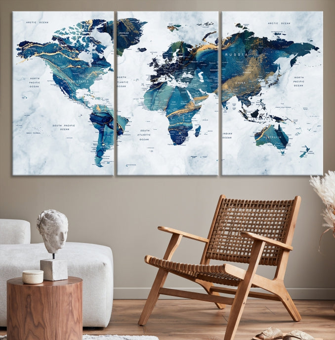 Blue Gold Watercolor World Map Push Pin on Giclee Canvas Wall Art Print