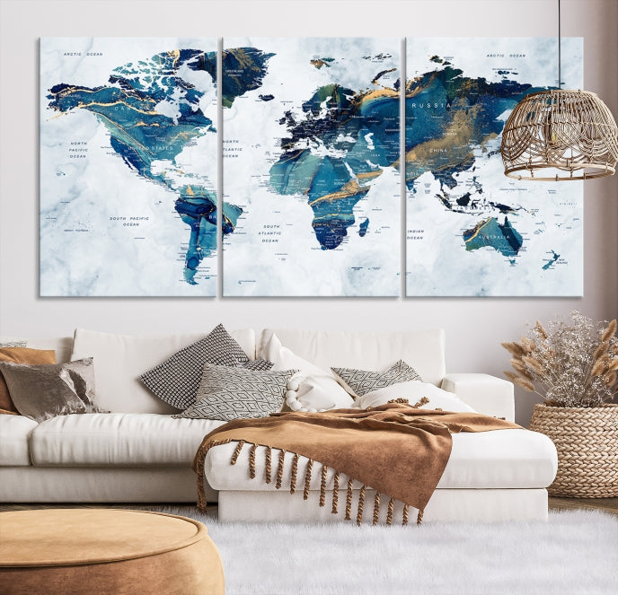 Blue Gold Watercolor World Map Push Pin on Giclee Canvas Wall Art Print