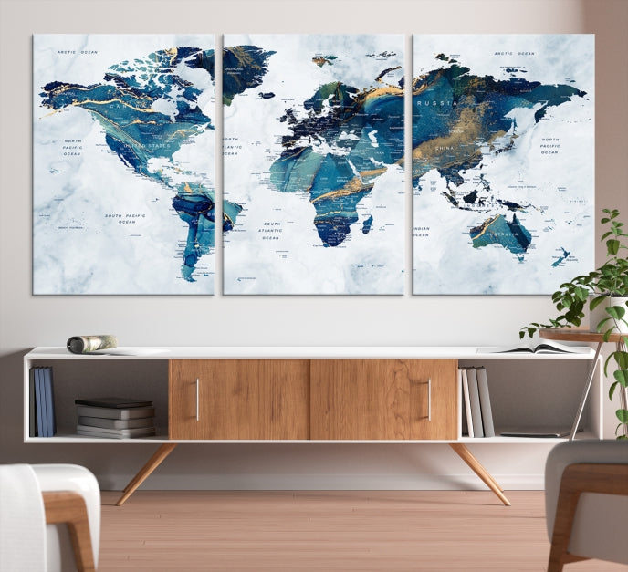 Blue Gold Watercolor World Map Push Pin on Giclee Canvas Wall Art Print