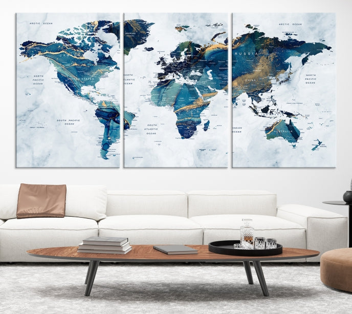 Blue Gold Watercolor World Map Push Pin on Giclee Canvas Wall Art Print