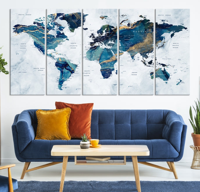 Blue Gold Watercolor World Map Push Pin on Giclee Canvas Wall Art Print