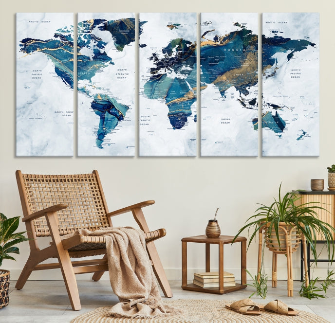 Blue Gold Watercolor World Map Push Pin on Giclee Canvas Wall Art Print