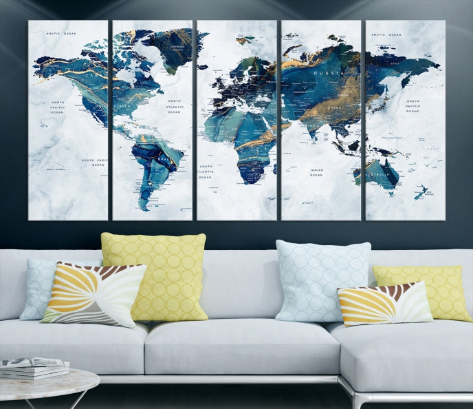 Blue Gold Watercolor World Map Push Pin on Giclee Canvas Wall Art Print