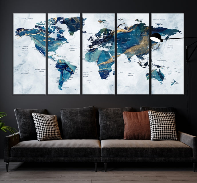 Blue Gold Watercolor World Map Push Pin on Giclee Canvas Wall Art Print