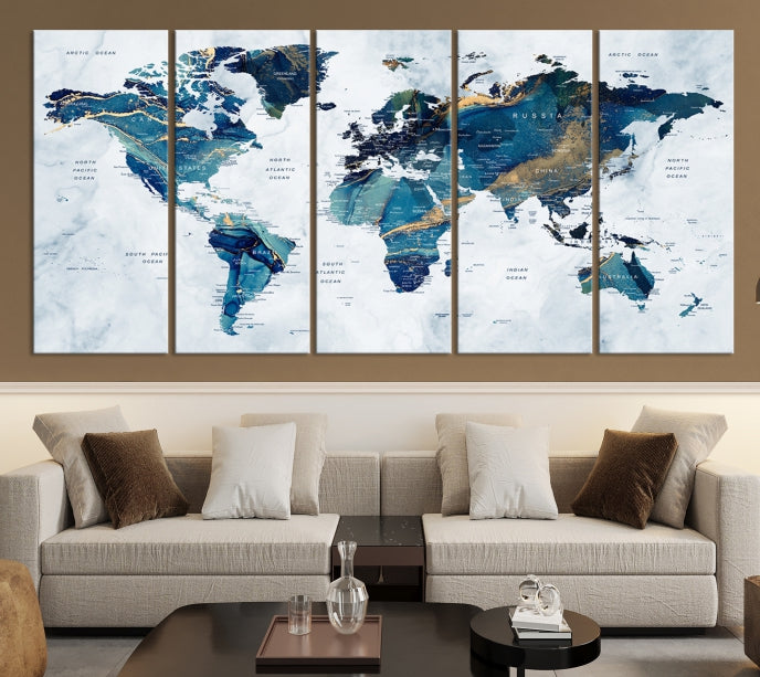 Blue Gold Watercolor World Map Push Pin on Giclee Canvas Wall Art Print