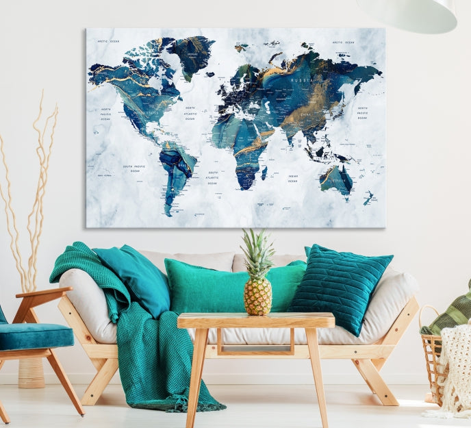 Blue Gold Watercolor World Map Push Pin on Giclee Canvas Wall Art Print