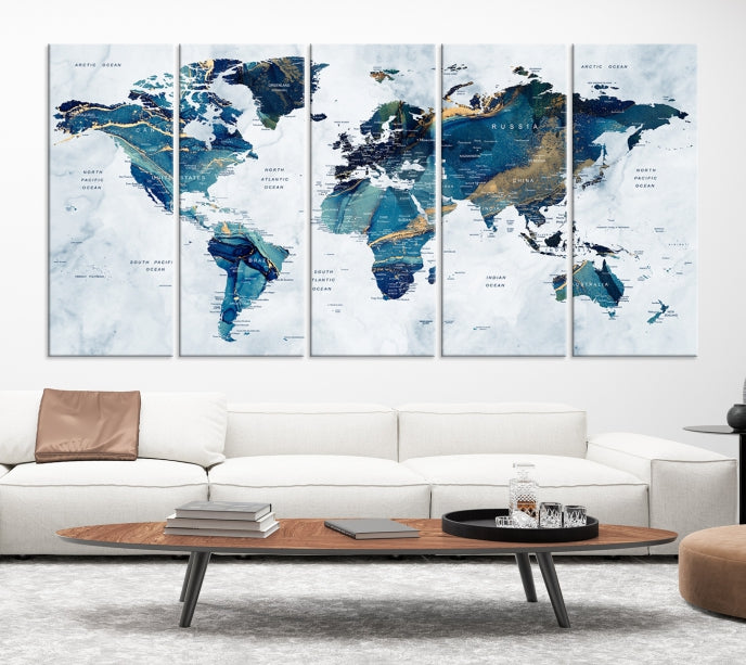 Blue Gold Watercolor World Map Push Pin on Giclee Canvas Wall Art Print