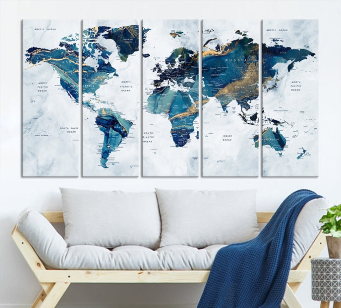 Blue Gold Watercolor World Map Push Pin on Giclee Canvas Wall Art Print