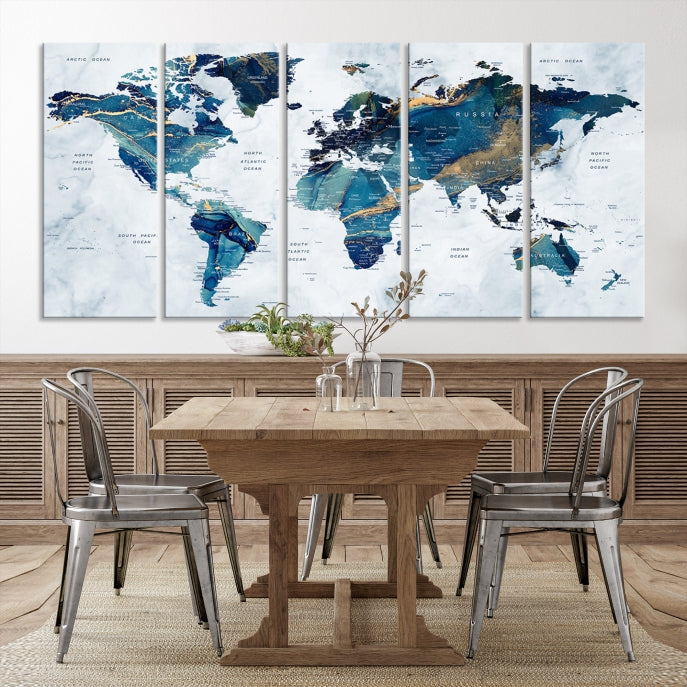 Blue Gold Watercolor World Map Push Pin on Giclee Canvas Wall Art Print