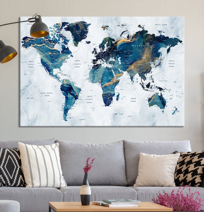 Blue Gold Watercolor World Map Push Pin on Giclee Canvas Wall Art Print