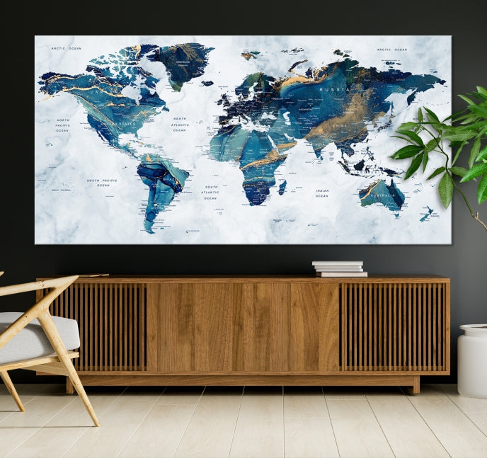 Blue Gold Watercolor World Map Push Pin on Giclee Canvas Wall Art Print