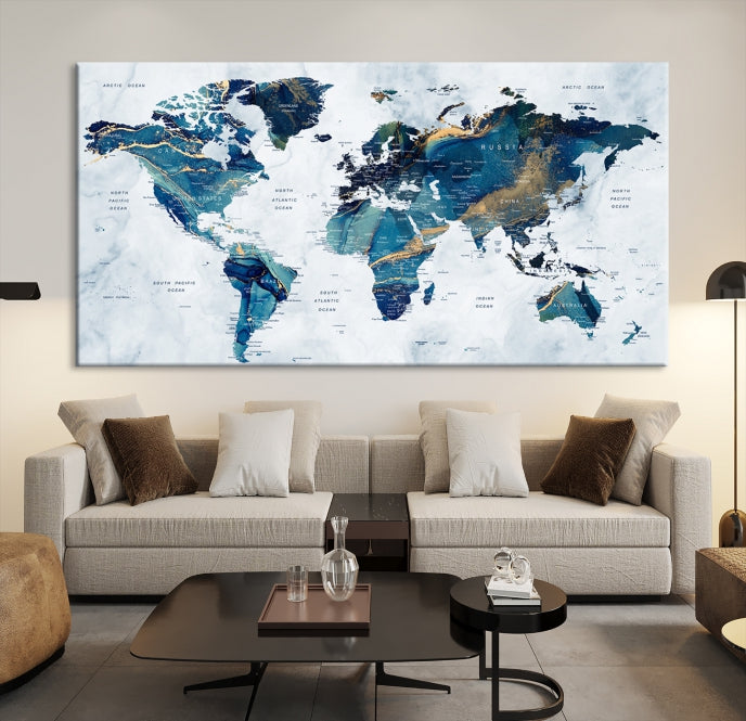 Blue Gold Watercolor World Map Push Pin on Giclee Canvas Wall Art Print