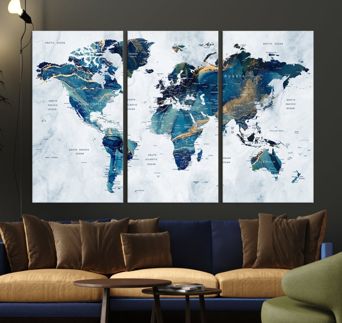 Blue Gold Watercolor World Map Push Pin on Giclee Canvas Wall Art Print