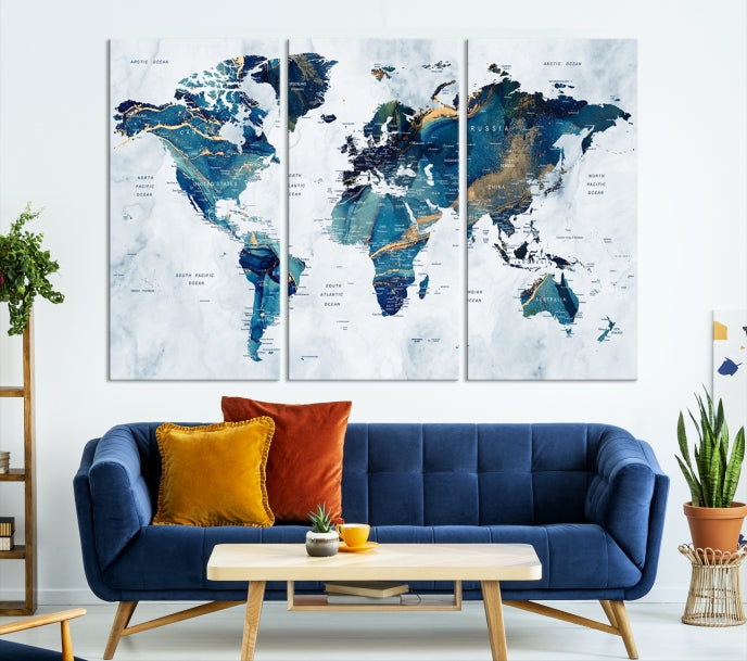 Blue Gold Watercolor World Map Push Pin on Giclee Canvas Wall Art Print