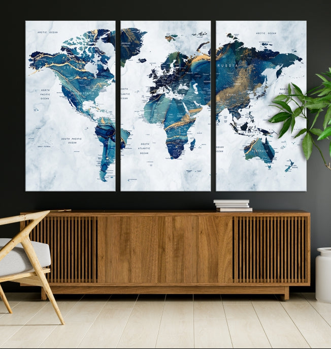 Blue Gold Watercolor World Map Push Pin on Giclee Canvas Wall Art Print