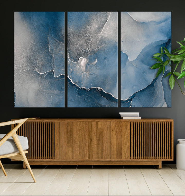 Blue Gray Marble Fluid Effect Abstract Painting on Canvas Large Print Wall Art