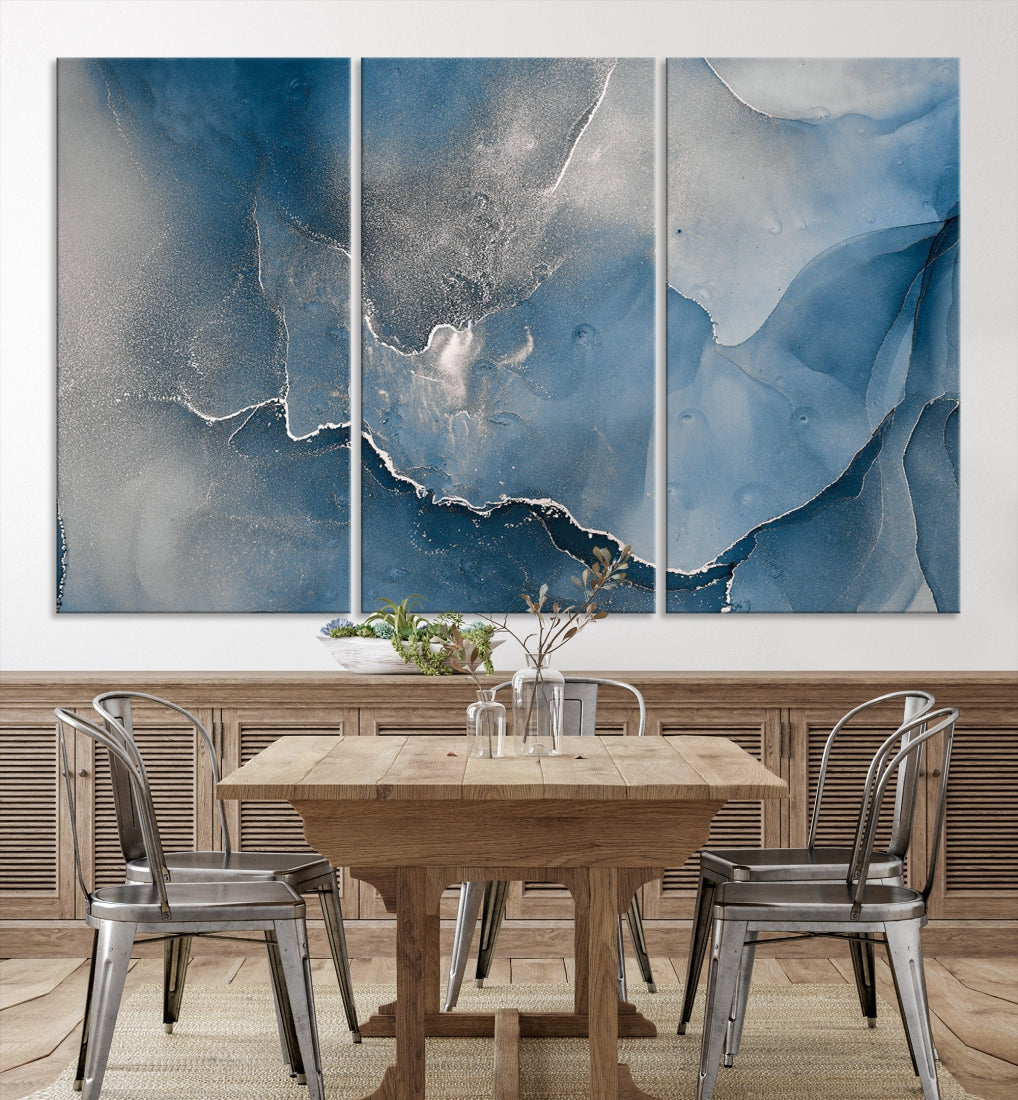 Blue Gray Marble Fluid Effect Abstract Painting on Canvas Large Print Wall Art