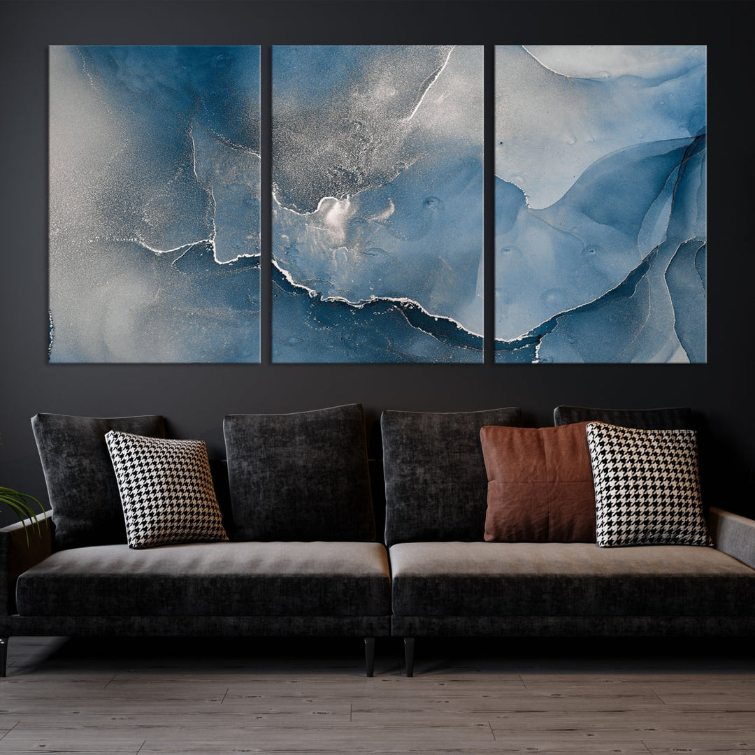 Blue Gray Marble Fluid Effect Abstract Painting on Canvas Large Print Wall Art