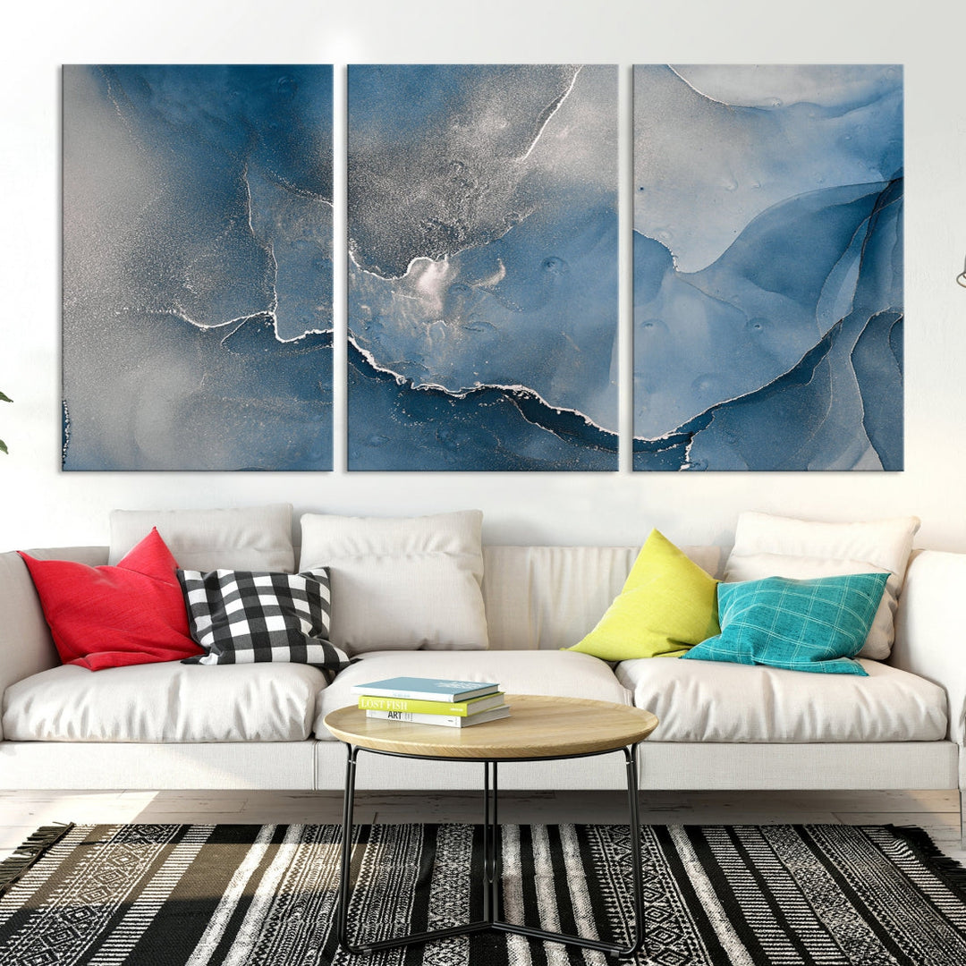 Blue Gray Marble Fluid Effect Abstract Painting on Canvas Large Print Wall Art