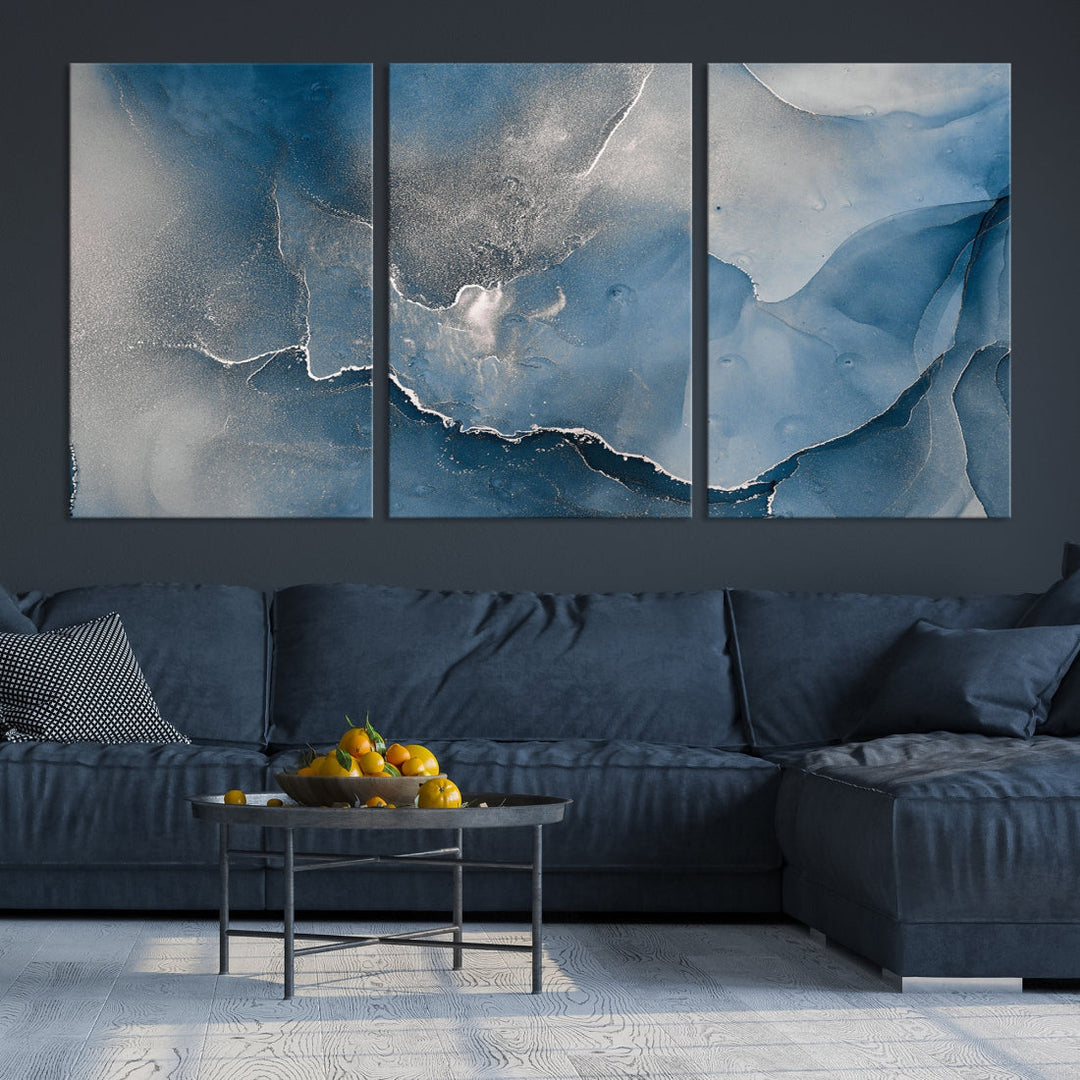 Blue Gray Marble Fluid Effect Abstract Painting on Canvas Large Print Wall Art