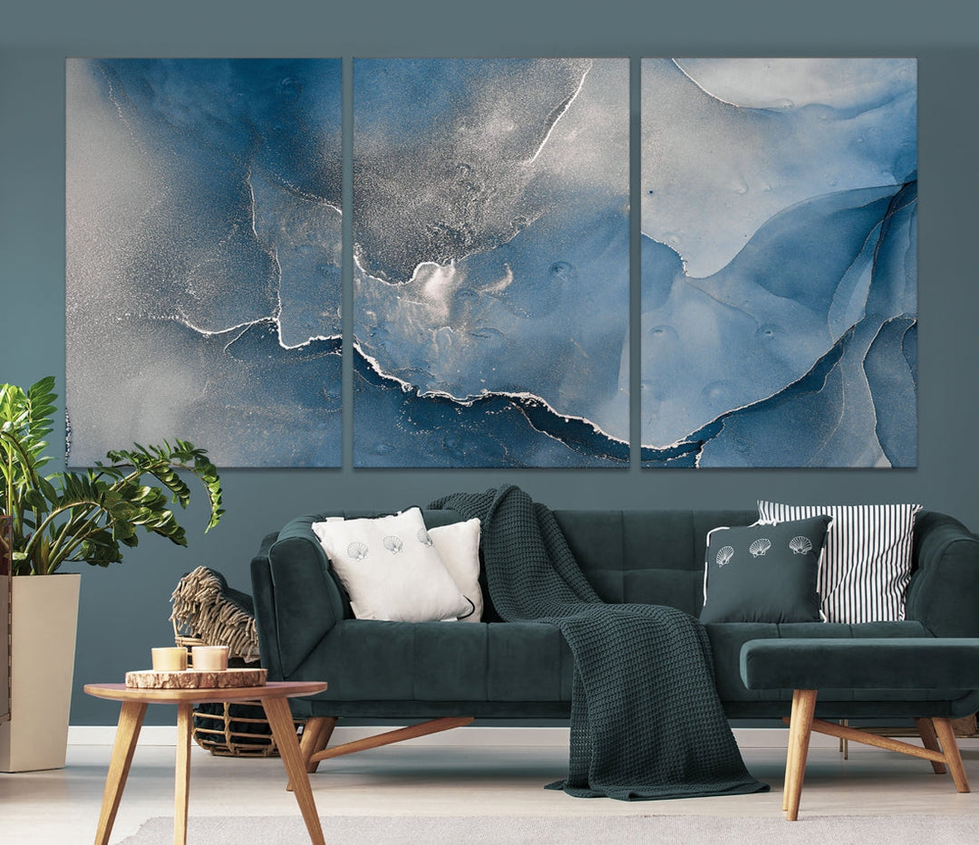 Blue Gray Marble Fluid Effect Abstract Painting on Canvas Large Print Wall Art