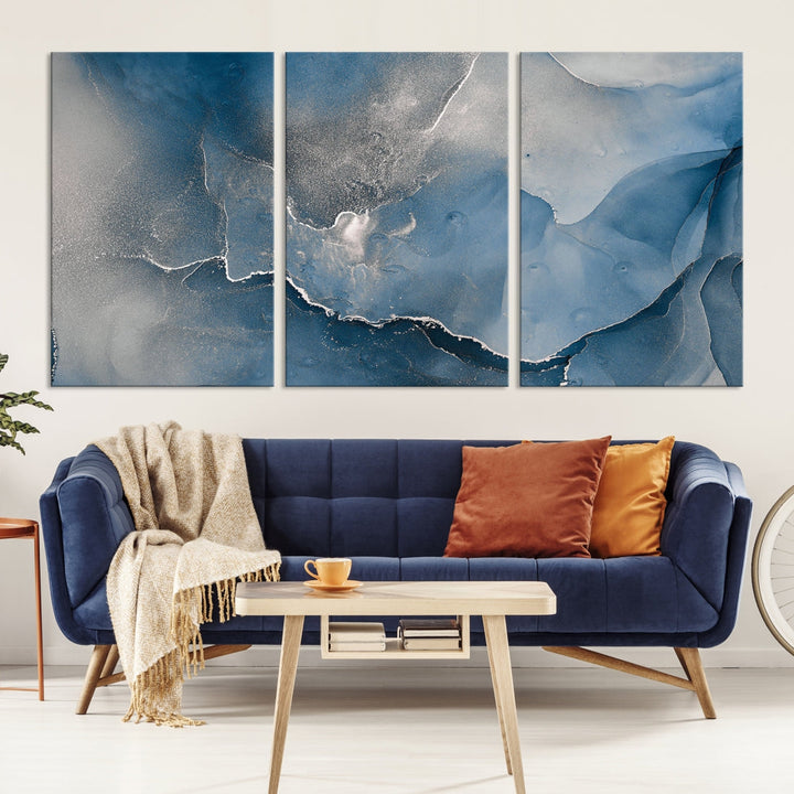 Blue Gray Marble Fluid Effect Abstract Painting on Canvas Large Print Wall Art