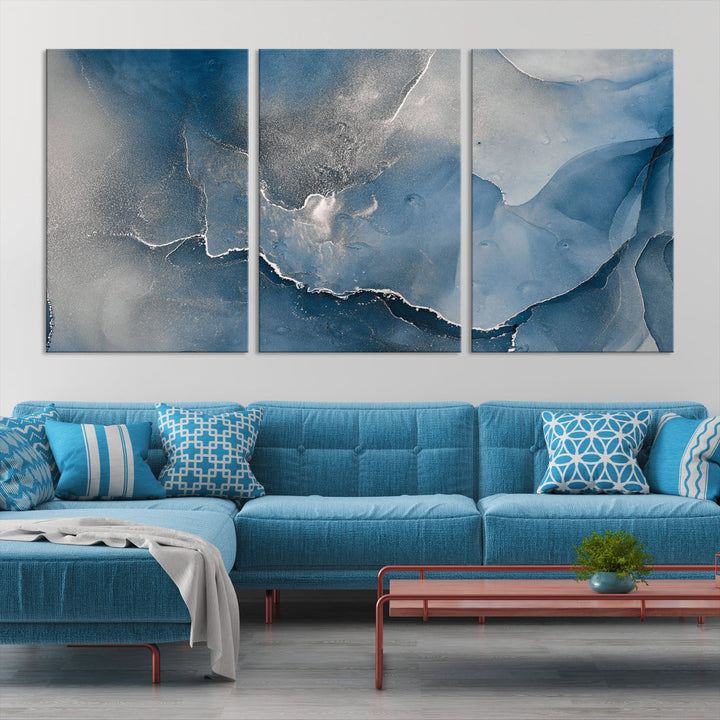 Blue Gray Marble Fluid Effect Abstract Painting on Canvas Large Print Wall Art