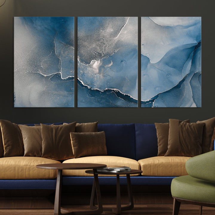 Blue Gray Marble Fluid Effect Abstract Painting on Canvas Large Print Wall Art