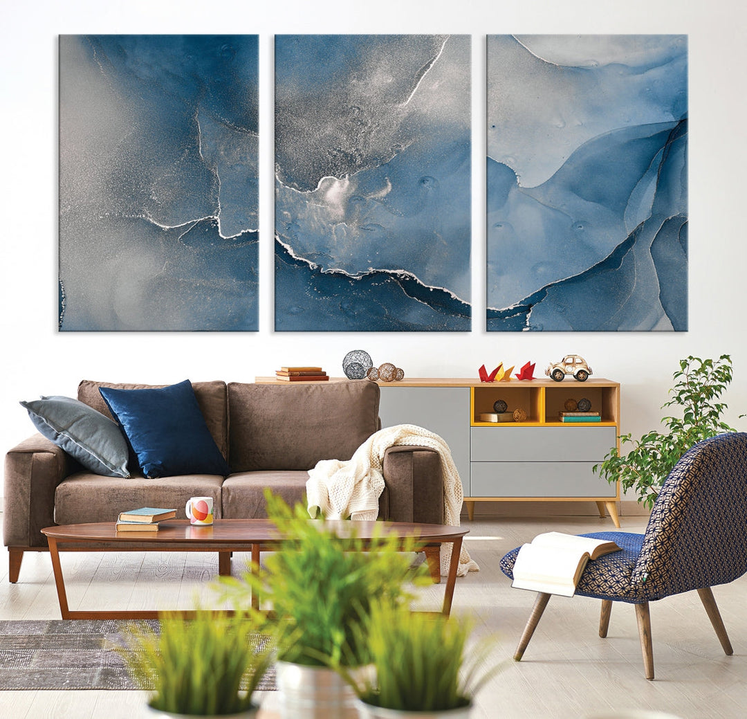 Blue Gray Marble Fluid Effect Abstract Painting on Canvas Large Print Wall Art