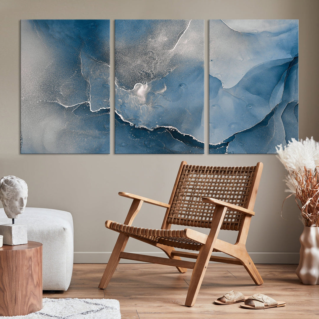 Blue Gray Marble Fluid Effect Abstract Painting on Canvas Large Print Wall Art