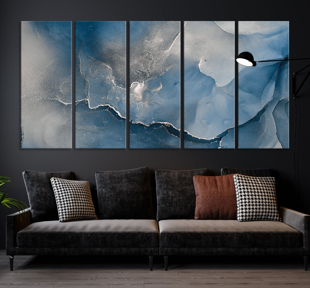 Blue Gray Marble Fluid Effect Abstract Painting on Canvas Large Print Wall Art