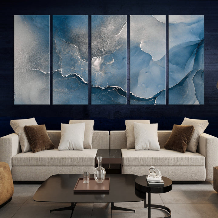 Blue Gray Marble Fluid Effect Abstract Painting on Canvas Large Print Wall Art