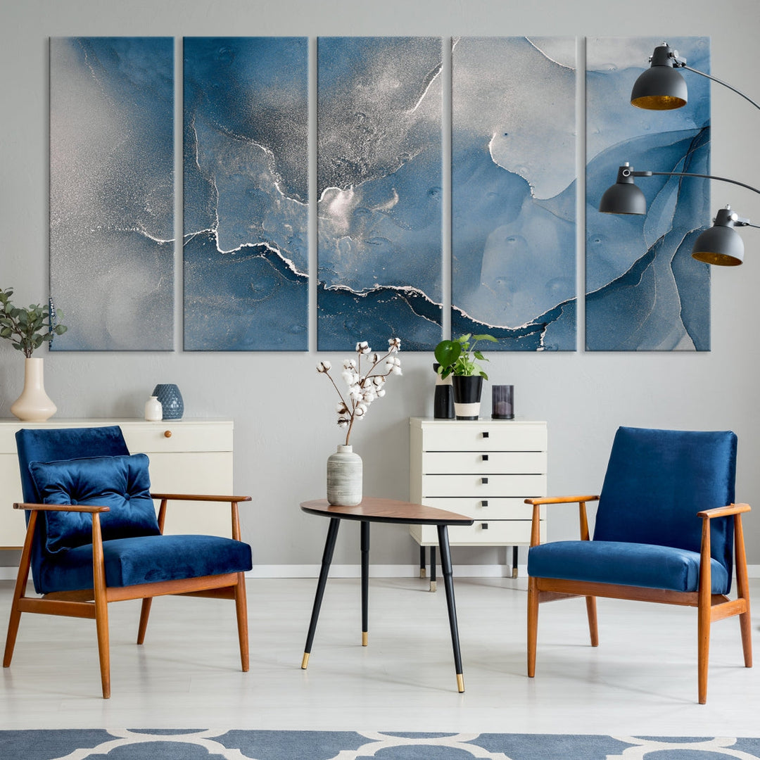 Blue Gray Marble Fluid Effect Abstract Painting on Canvas Large Print Wall Art