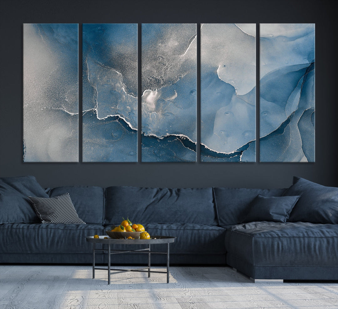 Blue Gray Marble Fluid Effect Abstract Painting on Canvas Large Print Wall Art